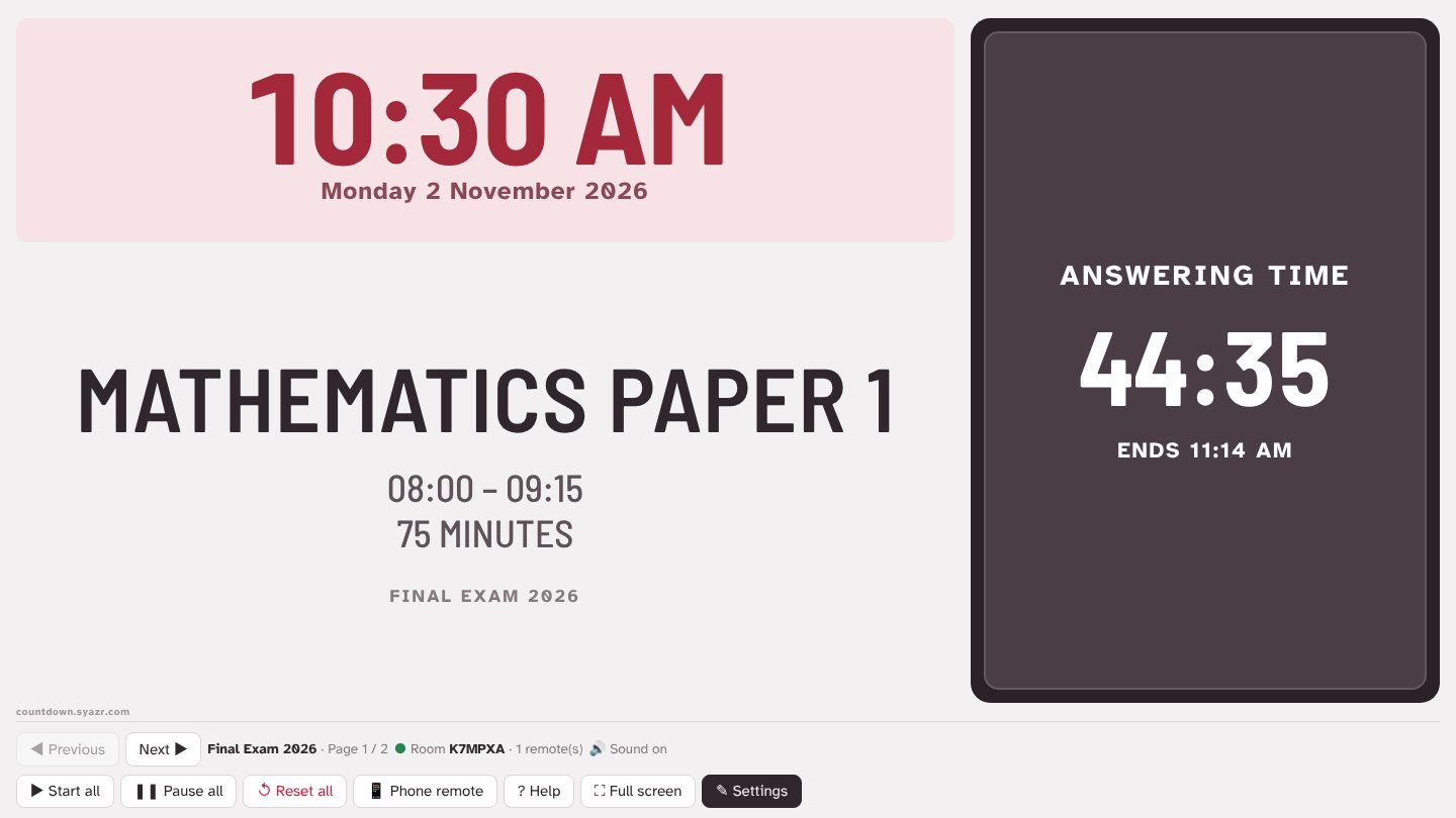 AZ=R Countdown display showing 10:30 AM, Mathematics Paper 1 and a countdown at 44:37