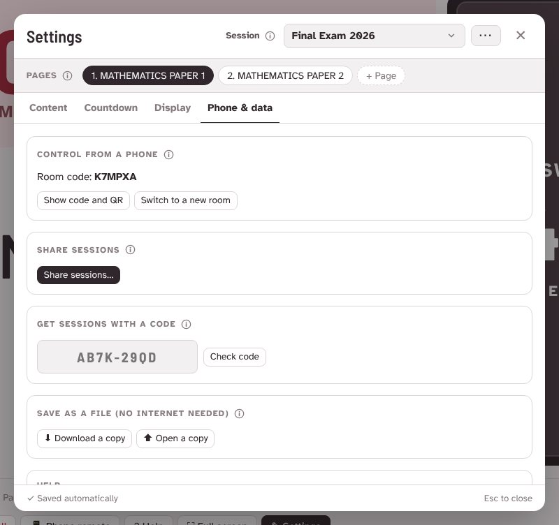 Phone and data tab with the room code and backup section
