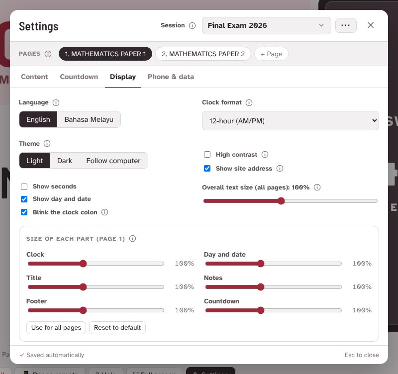 Display tab of the settings window