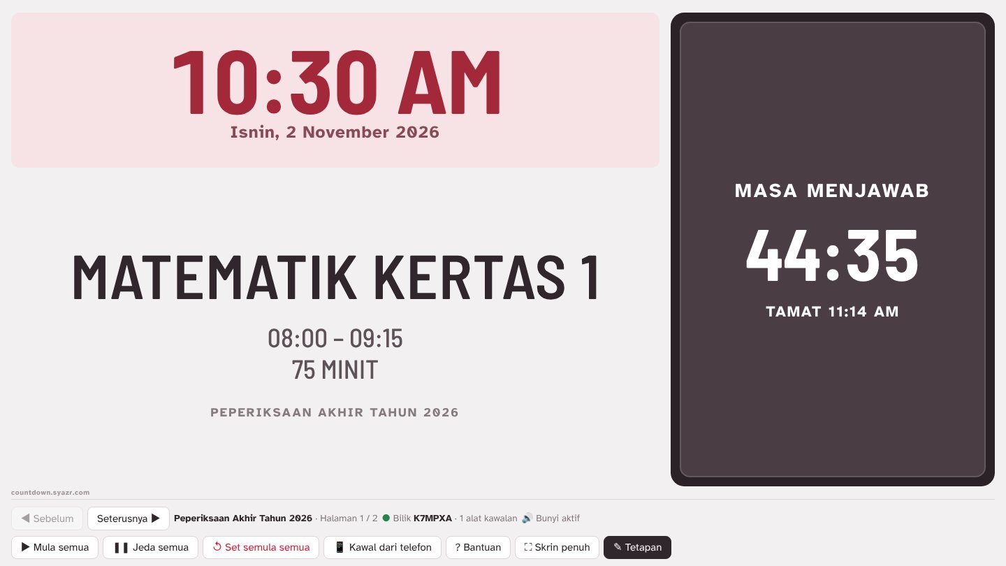 Paparan AZ=R Countdown menunjukkan 10:30 AM, Matematik Kertas 1 dan countdown 44:37
