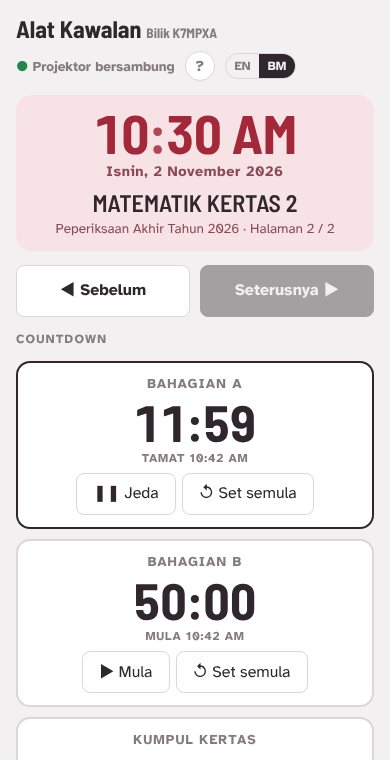 Alat kawalan telefon dengan jam, butang Sebelum dan Seterusnya, dan kawalan countdown