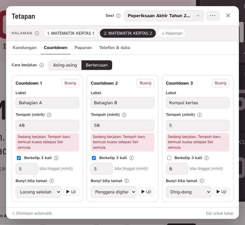 Tab Countdown dengan tiga countdown: label, minit, berkelip dan bunyi bagi setiap satu
