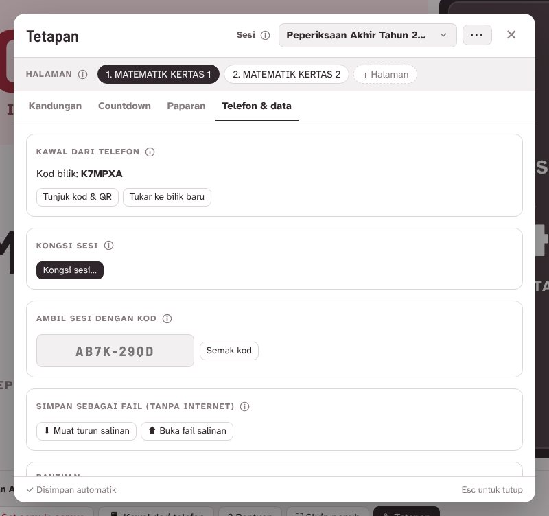 Tab Telefon dan data dengan kod bilik dan bahagian simpanan